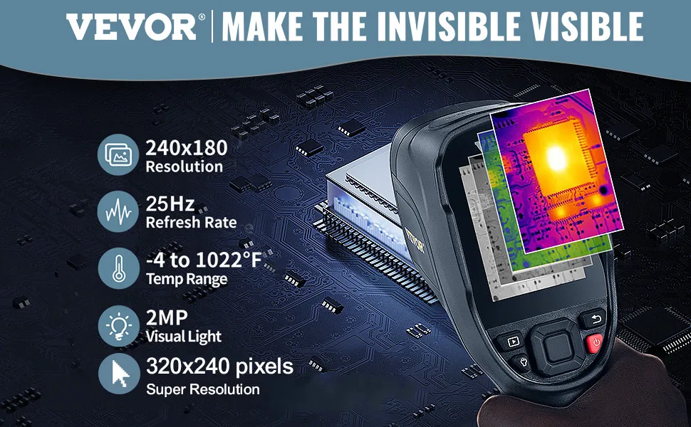 VEVOR thermal imaging camera showcasing 240x180 resolution, 20hz refresh rate, and -4 to 1022°f temp range.