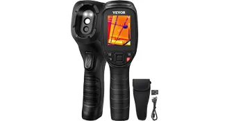 Cámara termográfica VEVOR con pantalla a color, diseño ergonómico, accesorios incluidos.