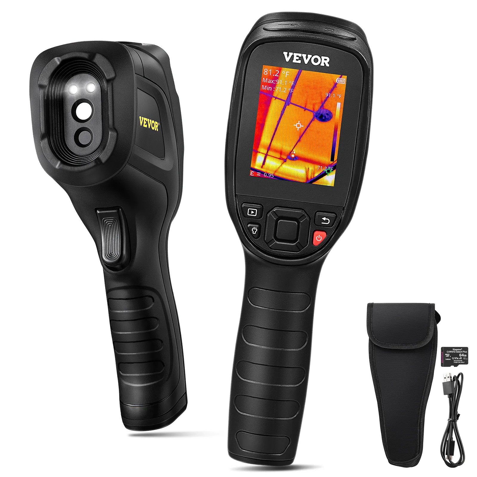 Cámara termográfica VEVOR con pantalla LCD, agarre ergonómico, funda protectora y cable USB.