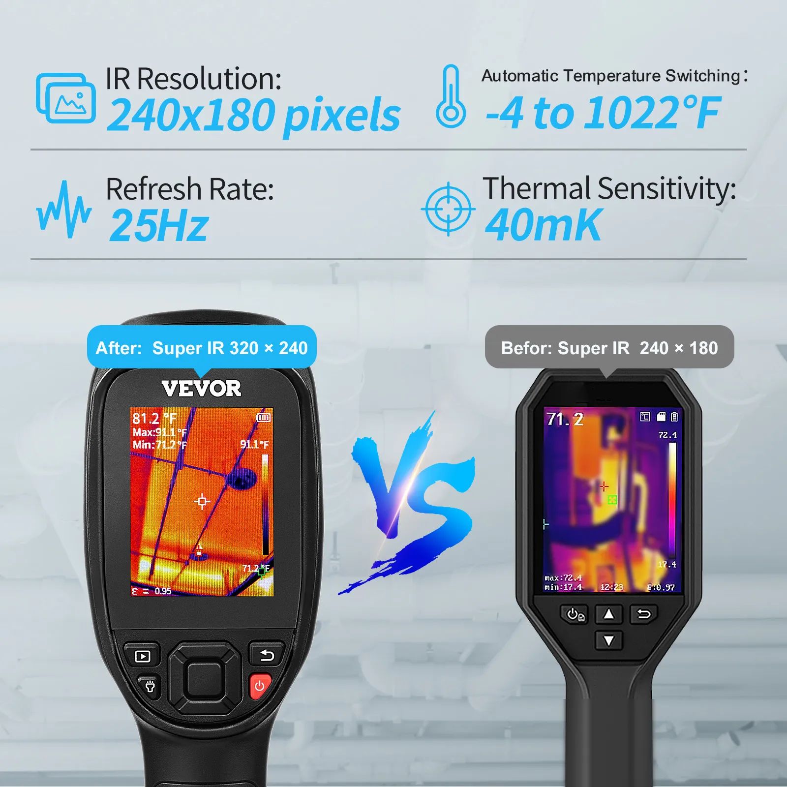 VEVOR thermal imaging camera vs competitor, features ir resolution, temperature range, refresh rate, sensitivity.