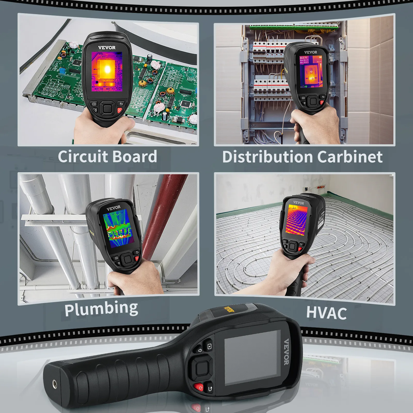 VEVOR thermal imaging camera inspecting circuit board, distribution cabinet, plumbing, and hvac systems.