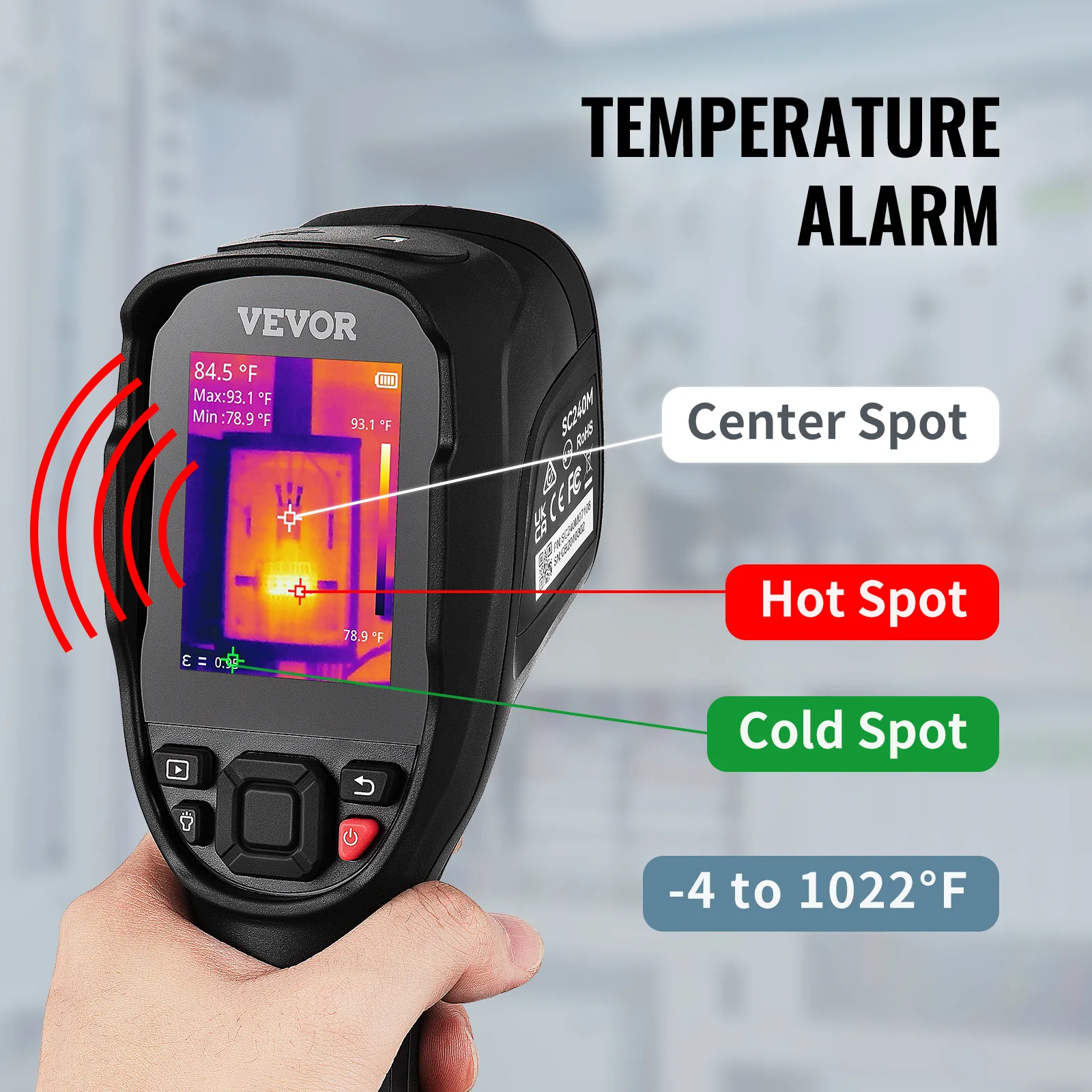 VEVOR thermal imaging camera showing temperature spots: center, hot, cold, with a range of -4 to 1022°f.