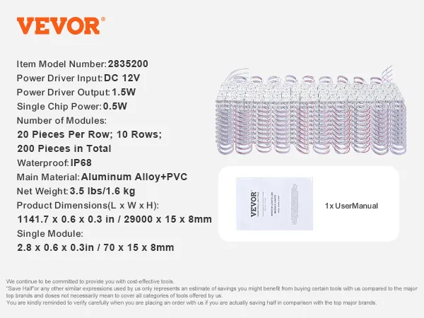 VEVOR led storefront lights, dc 12v, 200 modules, waterproof ip68, aluminum alloy + pvc, includes manual.