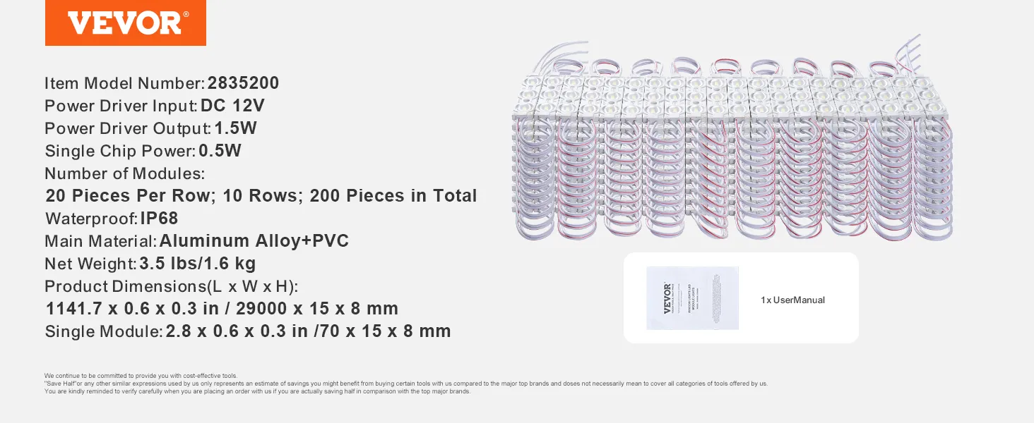 VEVOR led storefront lights, dc 12v, 200 modules, waterproof ip68, aluminum alloy + pvc, includes manual.
