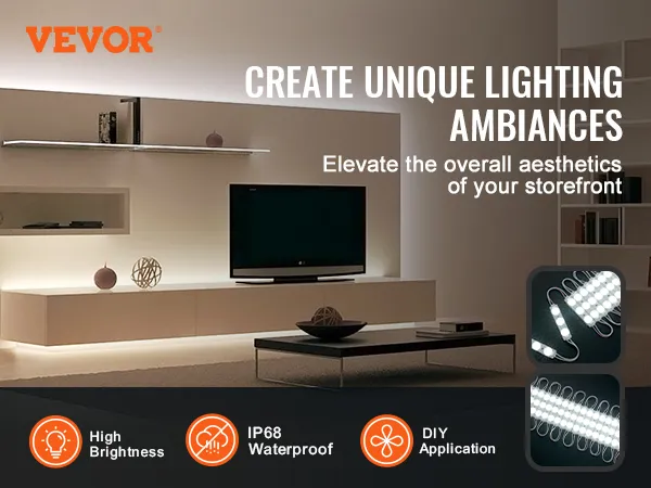 modern living room with VEVOR led storefront lights, highlighting high brightness and ip68 waterproof.