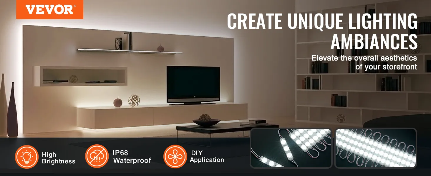 modern living room with VEVOR led storefront lights, highlighting high brightness and ip68 waterproof.