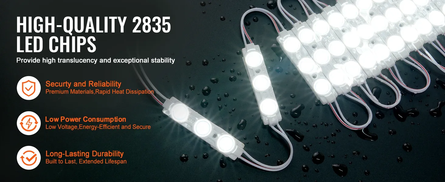 high-quality 2835 led chips, security and reliability, low power consumption, and long-lasting durability. VEVOR led storefront lights.
