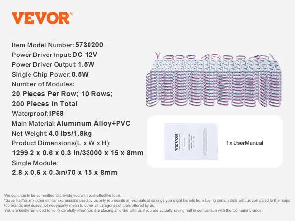 VEVOR led storefront lights, model 5730200, 12v, 1.5w output, 200 modules, ip68, aluminum alloy+pvc.