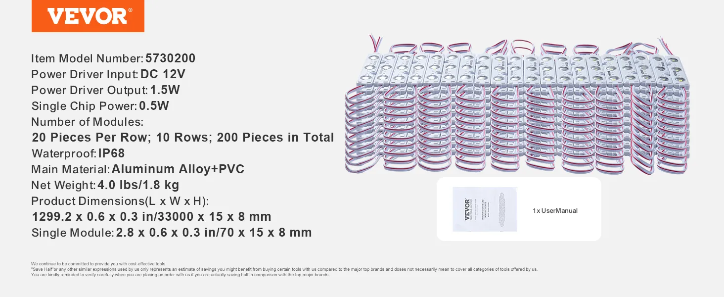 VEVOR led storefront lights, model 5730200, 12v, 1.5w output, 200 modules, ip68, aluminum alloy+pvc.