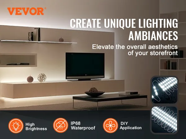 VEVOR led storefront lights for ambient lighting, diy application, high brightness, and ip68 waterproof.