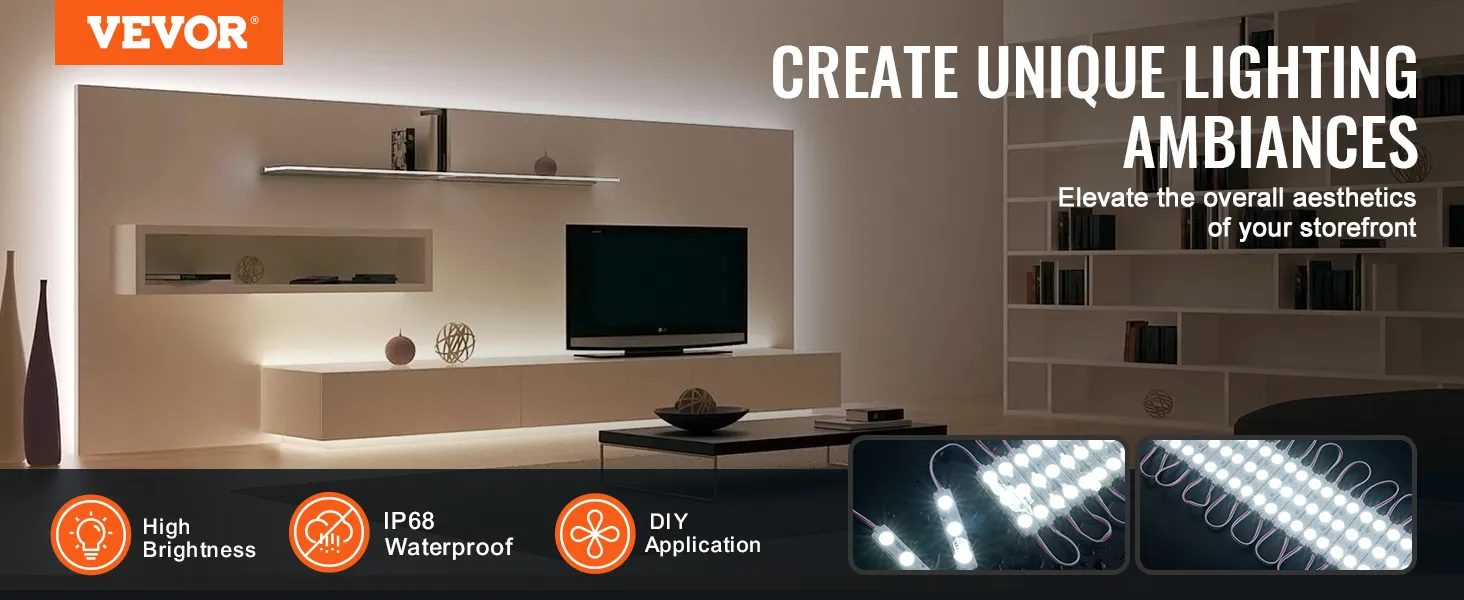 VEVOR led storefront lights for ambient lighting, diy application, high brightness, and ip68 waterproof.
