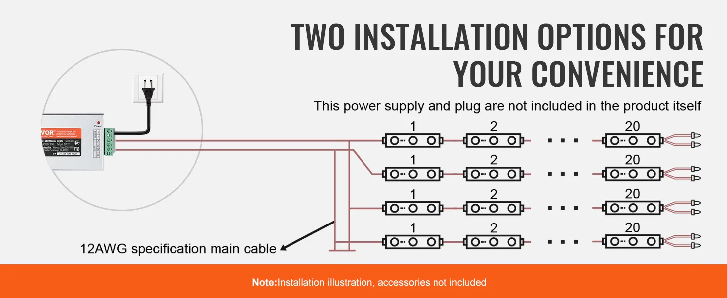 two installation options for VEVOR led storefront lights using a 12awg main cable and power supply.