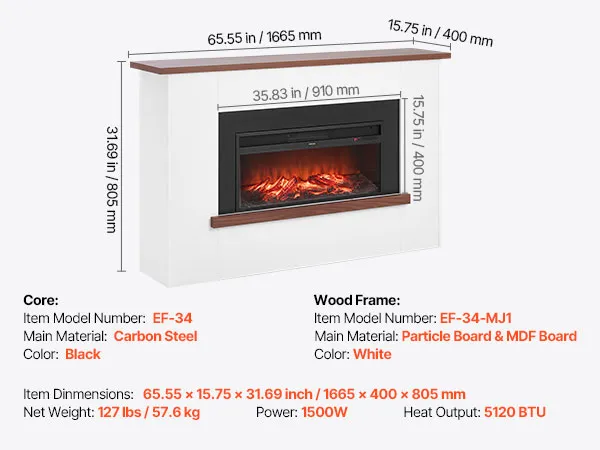 VEVOR 65.5 inch Freestanding Fireplaces, 1500W 5120BTU Fake Electric Fireplace Stove Heater with Mantel, Overheating Protection, Adjustable Flames,Timer, Remote, for Living Room,Bedroom