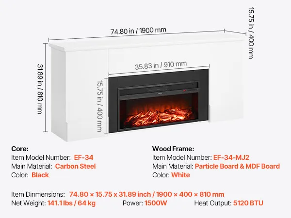 VEVOR 75 inch Freestanding Fireplaces, 1500W 5120BTU Fake Electric ...