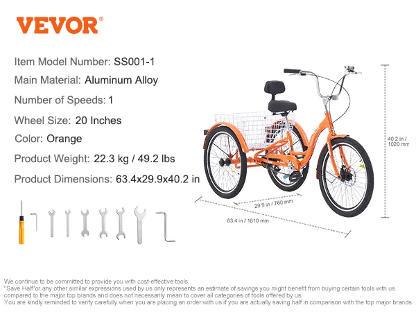 Triciclos para adultos VEVOR, rueda de 20 pulgadas, color naranja, aleación de aluminio, con cesta, peso: 22,3 kg, tamaño: 63,4 x 29,9 x 40,2 pulgadas.