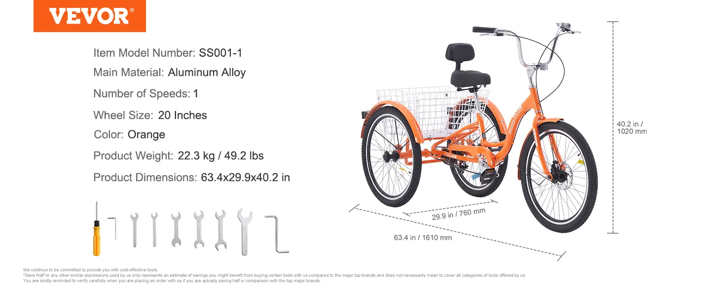 Triciclos para adultos VEVOR, rueda de 20 pulgadas, color naranja, aleación de aluminio, con cesta, peso: 22,3 kg, tamaño: 63,4 x 29,9 x 40,2 pulgadas.