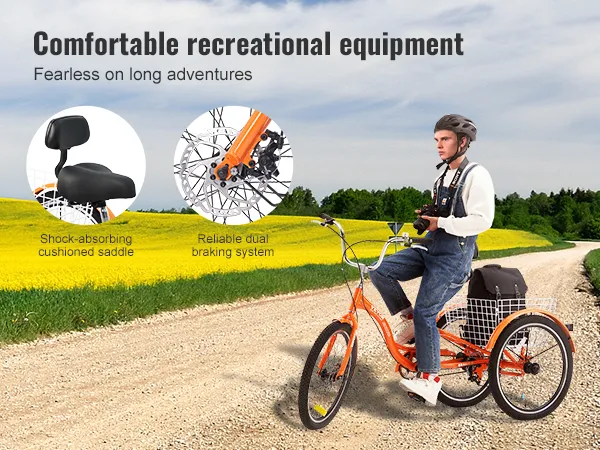 Triciclos para adultos VEVOR con sillín acolchado y sistema de frenado doble en un pintoresco camino al aire libre.