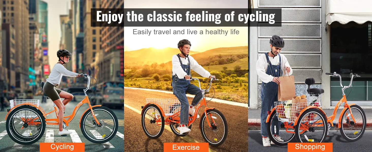 Triciclos para adultos VEVOR: ciclismo en la ciudad, ejercicio en la naturaleza y compras cómodas.