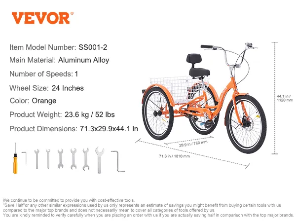 Triciclo para adultos VEVOR en color naranja, ruedas de 24 pulgadas, marco de aleación de aluminio, 71,3 x 29,9 x 44,1 pulgadas.