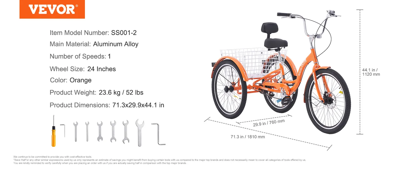 Triciclo para adultos VEVOR en color naranja, ruedas de 24 pulgadas, marco de aleación de aluminio, 71,3 x 29,9 x 44,1 pulgadas.