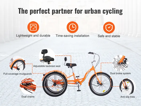 Triciclo para adultos VEVOR con asiento ajustable, frenos dobles, guardabarros de cobertura total y neumáticos antideslizantes.