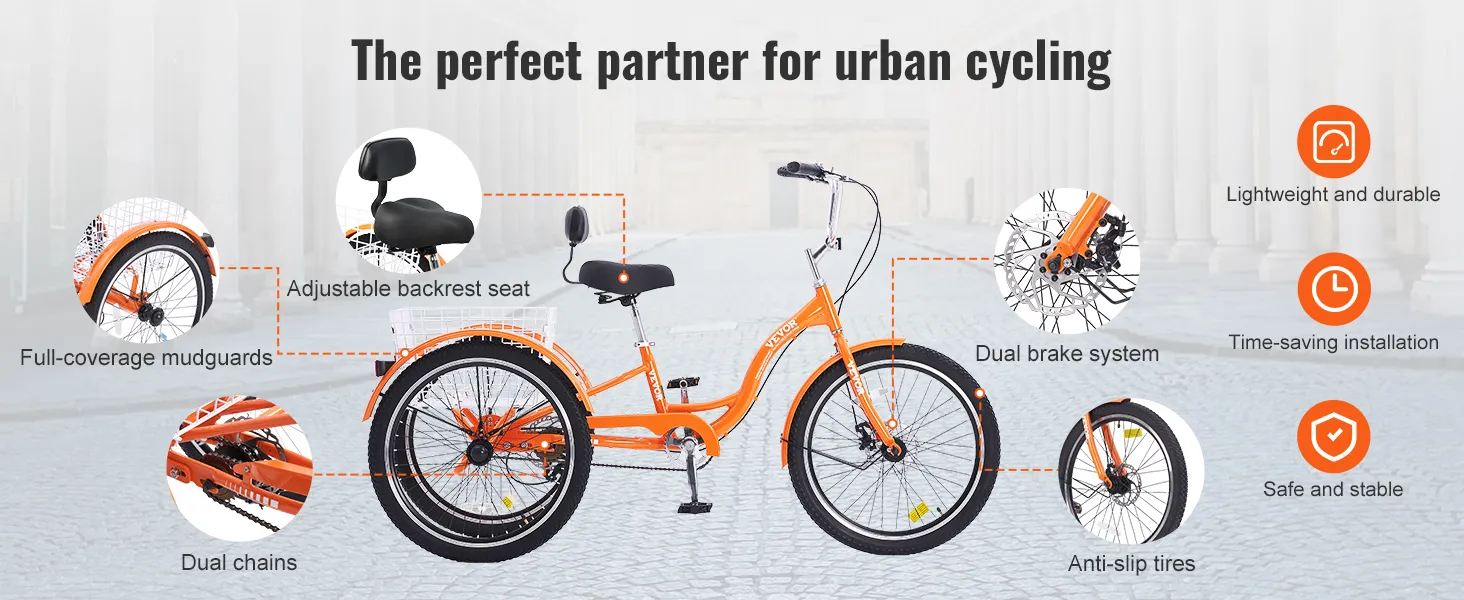 Triciclo para adultos VEVOR con asiento ajustable, frenos dobles, guardabarros de cobertura total y neumáticos antideslizantes.