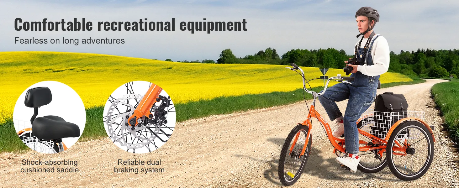 Triciclo para adultos VEVOR con sillín acolchado que absorbe los impactos y un sistema de frenado doble confiable en un camino rural.