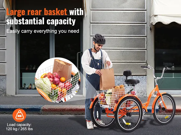 Triciclo para adultos VEVOR con gran cesta trasera llena de comestibles, estacionado en una calle de la ciudad.