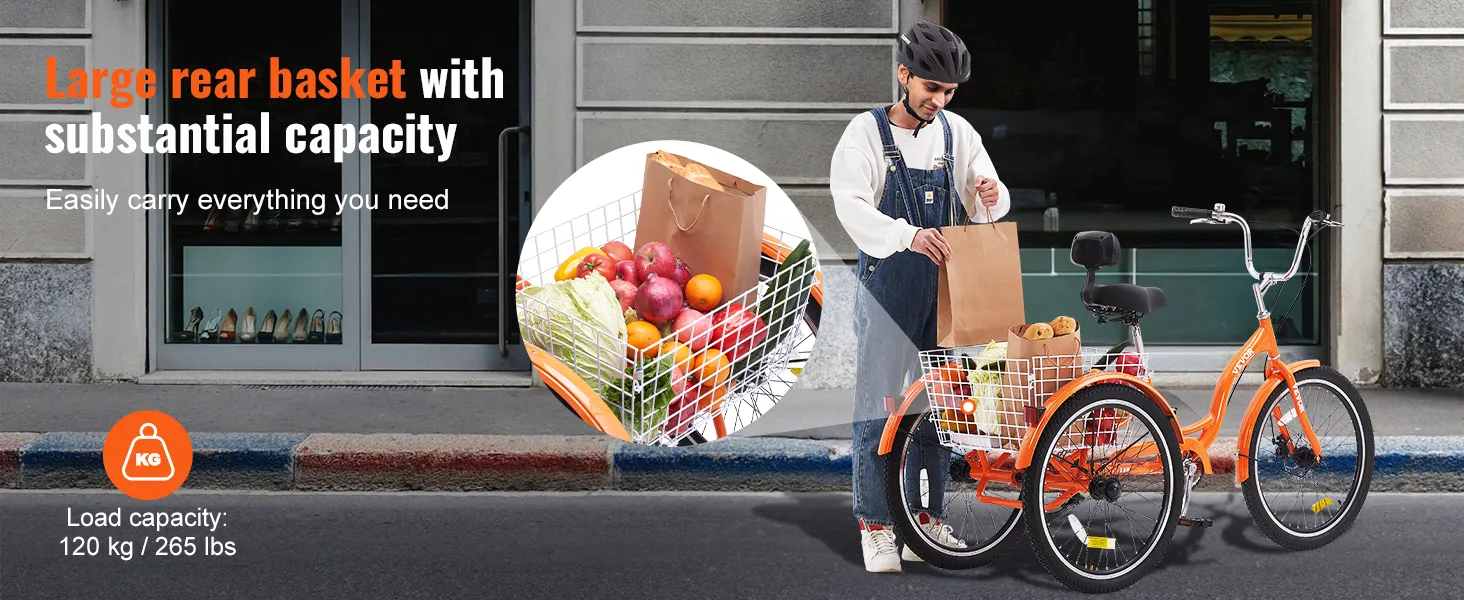 Triciclo para adultos VEVOR con gran cesta trasera llena de comestibles, estacionado en una calle de la ciudad.