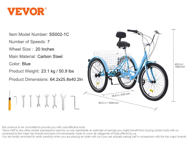 VEVOR adult tricycles blue carbon steel, 7-speed, 20-inch wheels, 64.2x25.8x40.2in, 23.1 kg.