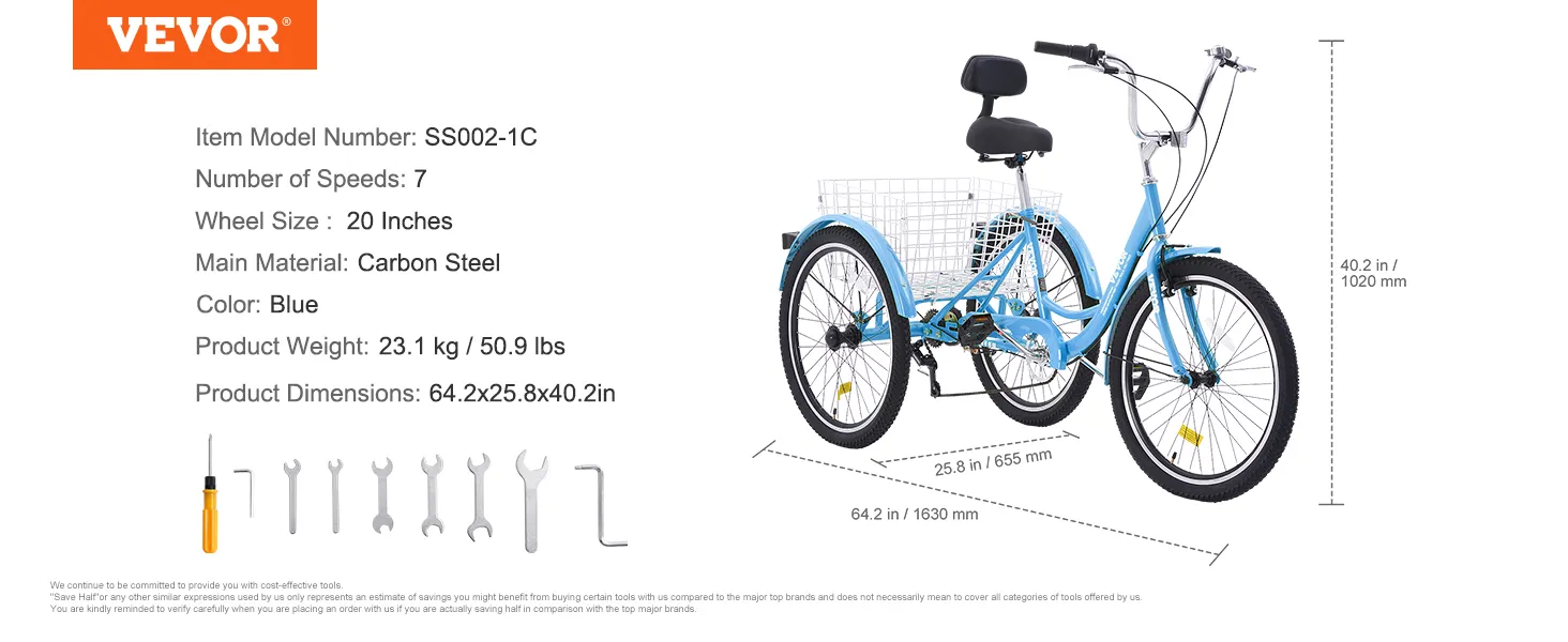 VEVOR adult tricycles blue carbon steel, 7-speed, 20-inch wheels, 64.2x25.8x40.2in, 23.1 kg.