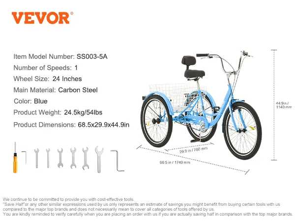 VEVOR adult tricycles, blue, 24-inch wheels, carbon steel, single-speed, rear basket, 68.5x29.9x44.9 inches.