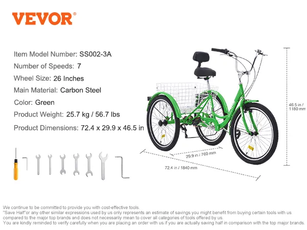 Triciclos para adultos VEVOR, verde, 7 velocidades, ruedas de 26 pulgadas, acero al carbono, dimensiones: 72,4 x 29,9 x 46,5 pulgadas.