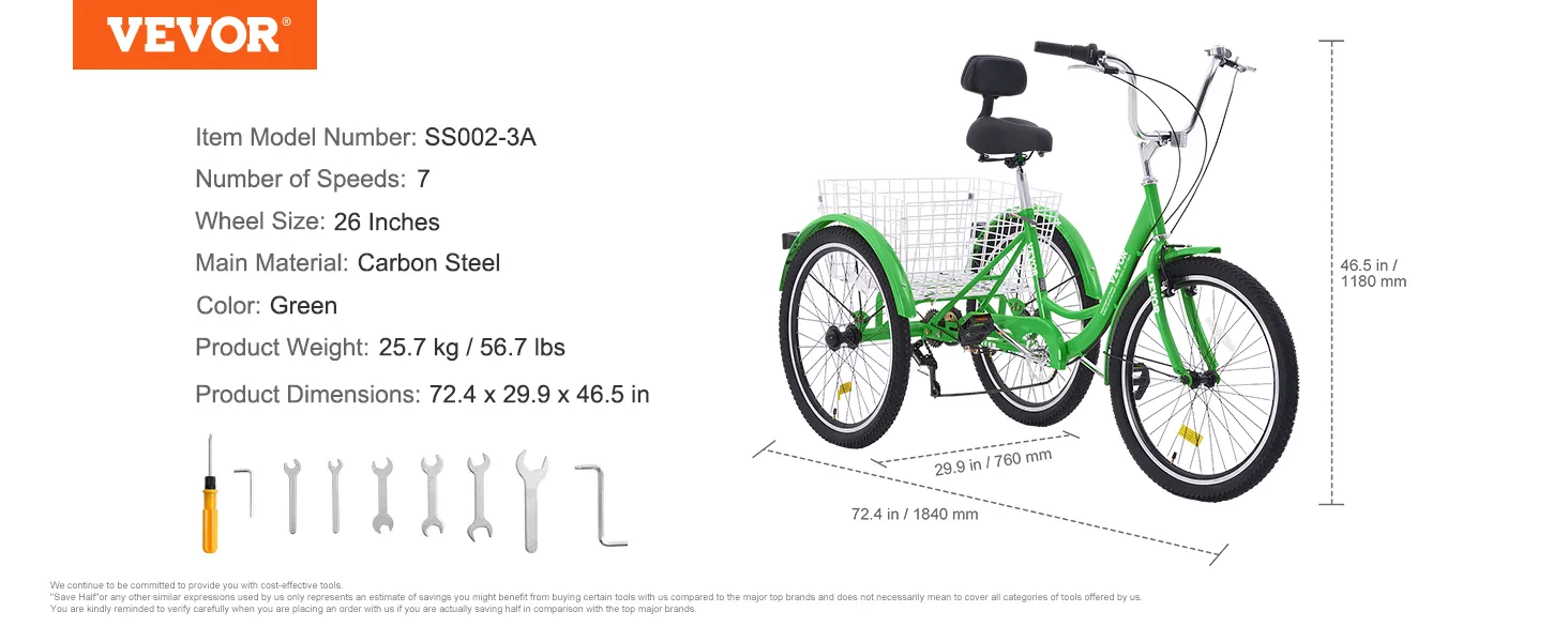 Triciclos para adultos VEVOR, verde, 7 velocidades, ruedas de 26 pulgadas, acero al carbono, dimensiones: 72,4 x 29,9 x 46,5 pulgadas.