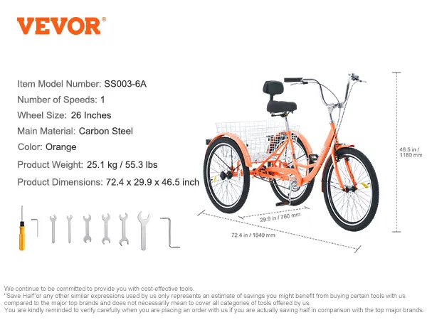 Triciclos para adultos VEVOR de color naranja, acero al carbono, rueda de 26 pulgadas con cesta y herramientas de montaje expuestas.