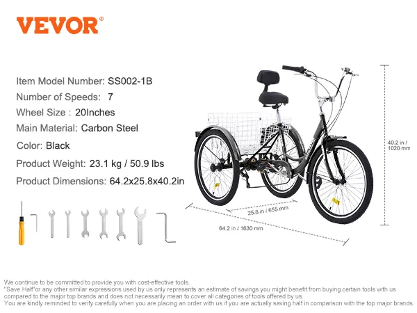Triciclo para adultos VEVOR, modelo ss002-1b, 7 velocidades, rueda de 20 pulgadas, acero al carbono, color negro, con cesta trasera.