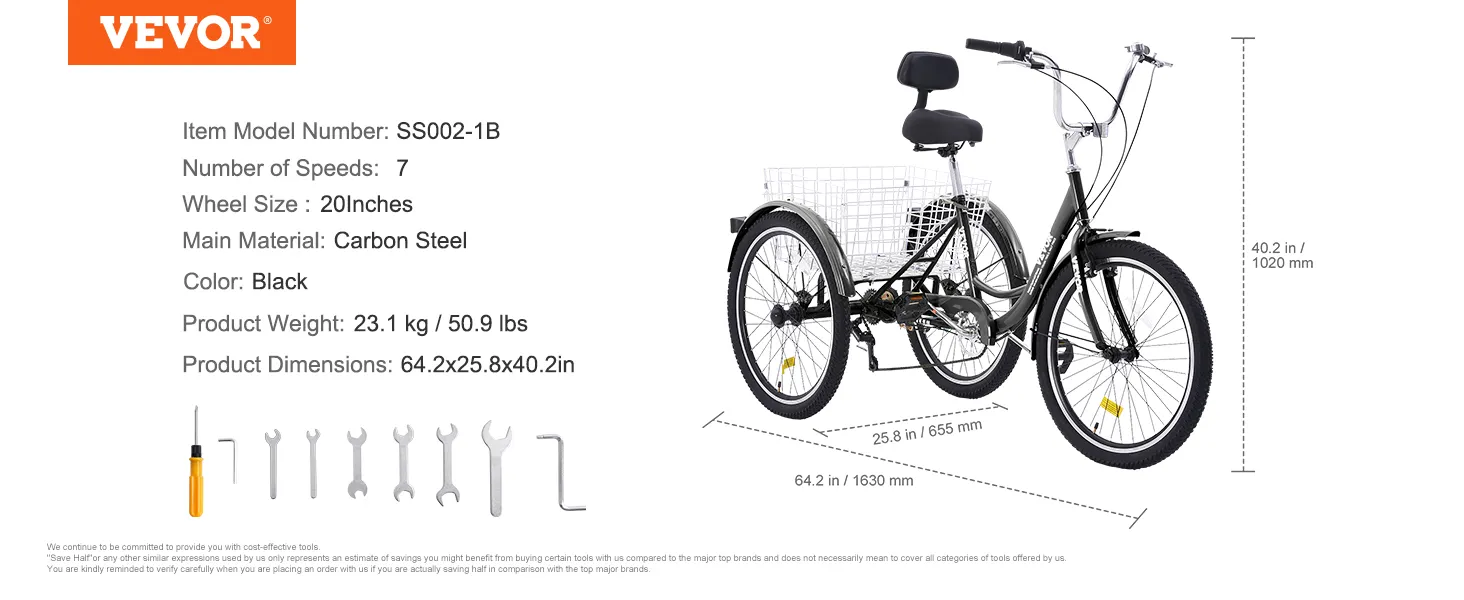 Triciclo para adultos VEVOR, modelo ss002-1b, 7 velocidades, rueda de 20 pulgadas, acero al carbono, color negro, con cesta trasera.