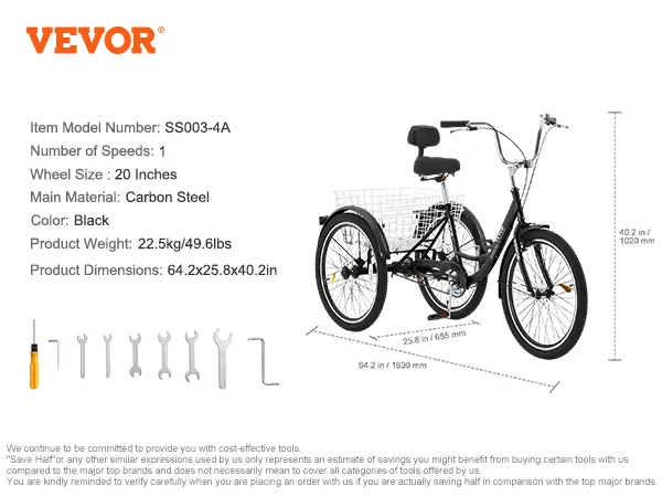 VEVOR adult tricycles with 20-inch wheels, carbon steel frame, black color, single speed, and a rear basket.