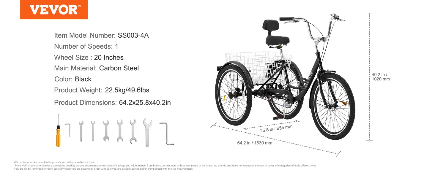 VEVOR adult tricycles with 20-inch wheels, carbon steel frame, black color, single speed, and a rear basket.