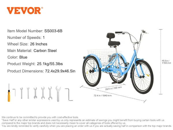 blue VEVOR adult tricycle with 26-inch wheels, single speed, carbon steel frame, and rear basket.