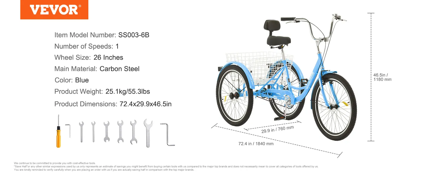 blue VEVOR adult tricycle with 26-inch wheels, single speed, carbon steel frame, and rear basket.