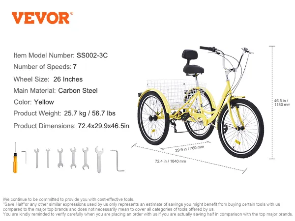 yellow VEVOR adult tricycles, 7-speed, 26-inch wheels, carbon steel, with a rear basket, dimensions 72.4x29.9x46.5 inches.