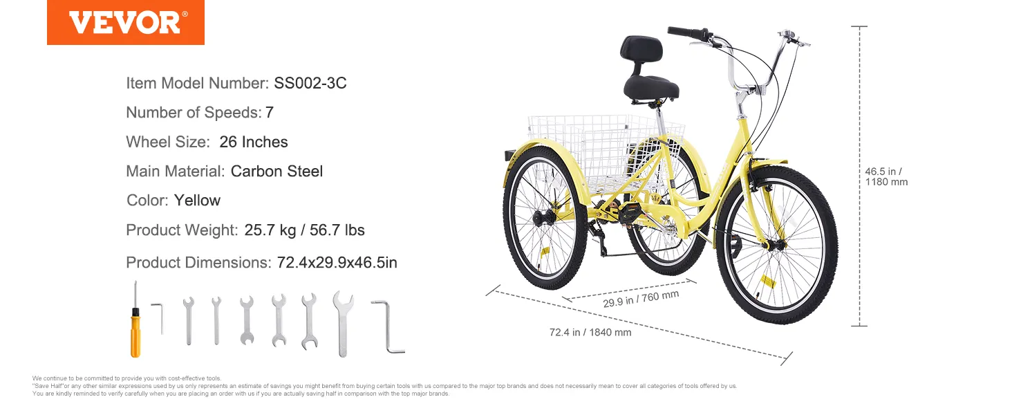 yellow VEVOR adult tricycles, 7-speed, 26-inch wheels, carbon steel, with a rear basket, dimensions 72.4x29.9x46.5 inches.