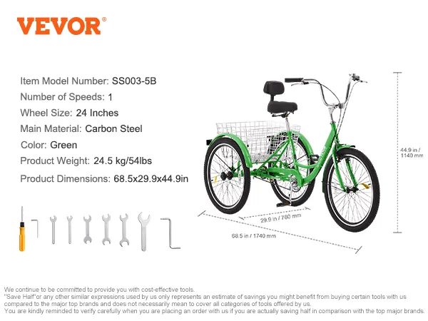 Triciclos para adultos VEVOR, color verde, con cesta, ruedas de 24 pulgadas, acero al carbono, 1 velocidad, modelo ss003-5b.