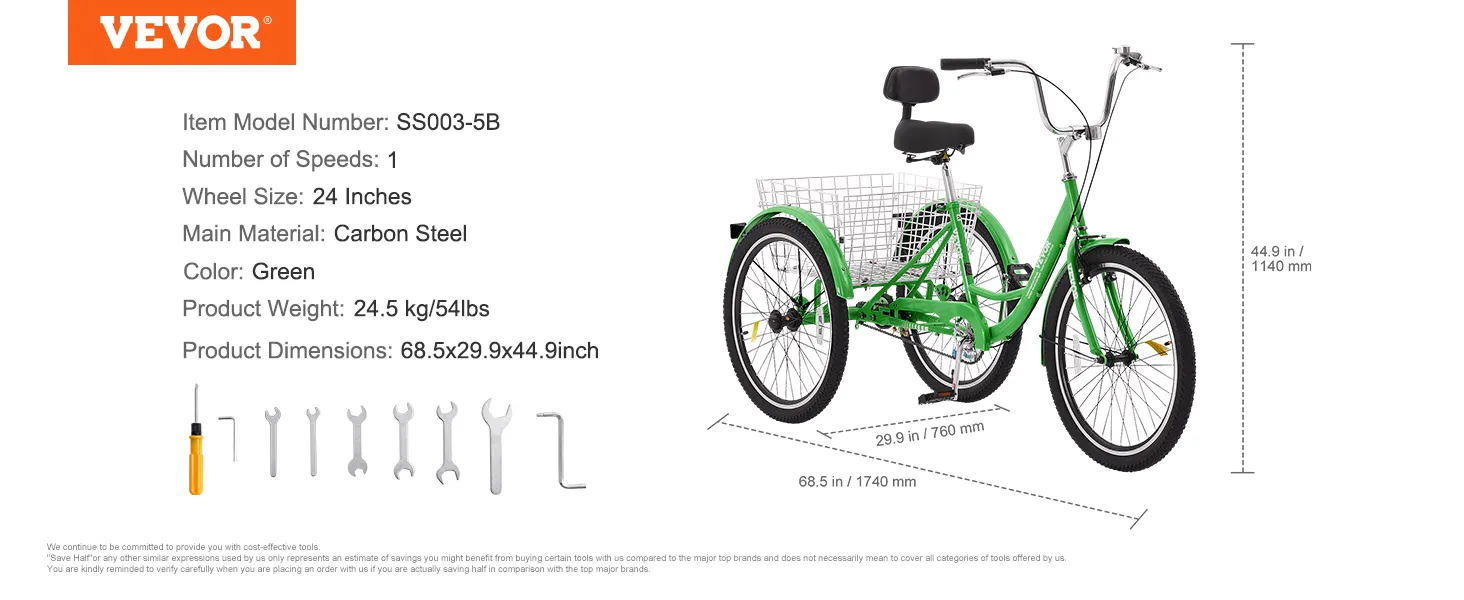 Triciclos para adultos VEVOR, color verde, con cesta, ruedas de 24 pulgadas, acero al carbono, 1 velocidad, modelo ss003-5b.