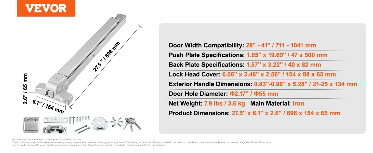 VEVOR push bar door locks with dimensions and compatibility details for installation.