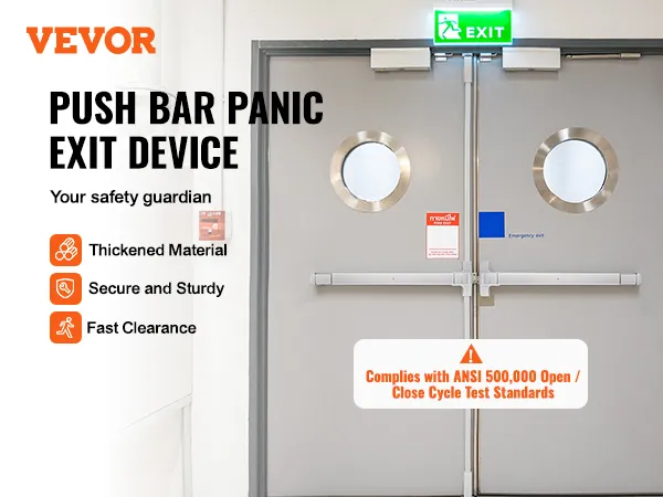 VEVOR push bar door locks on double doors with secure and sturdy design compliant with ansi standards.