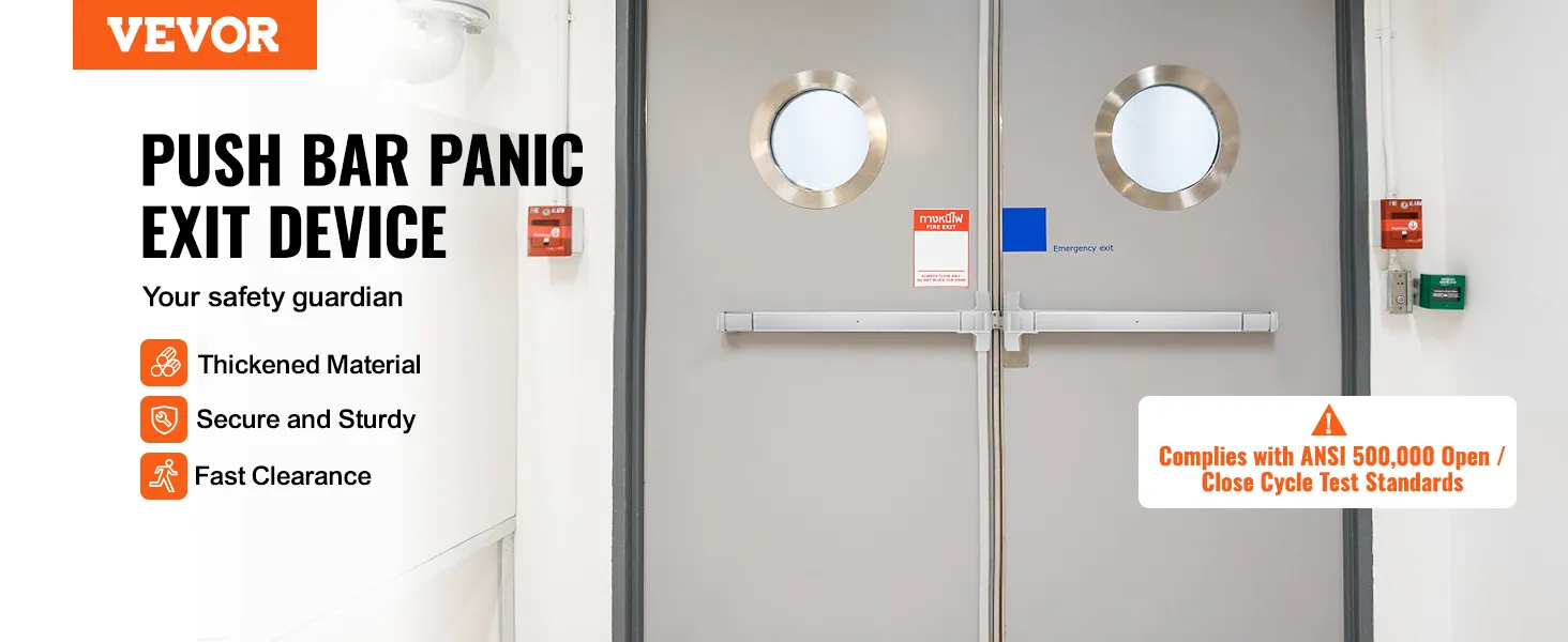 VEVOR push bar door locks on double doors with secure and sturdy design compliant with ansi standards.