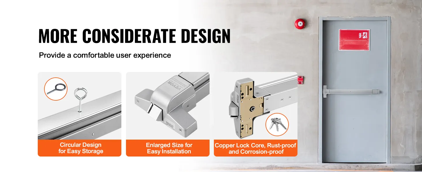 VEVOR push bar door locks showcasing circular design, easy installation, and rust-proof copper lock core.