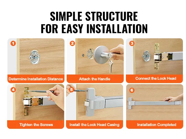installation guide for VEVOR push bar door locks with six easy-to-follow steps for simplicity.